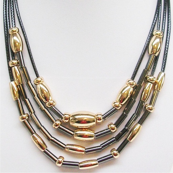 Attitudes by Renee Layered Necklace Black Leather Cords Gold Gunmetal - Picture 1 of 6